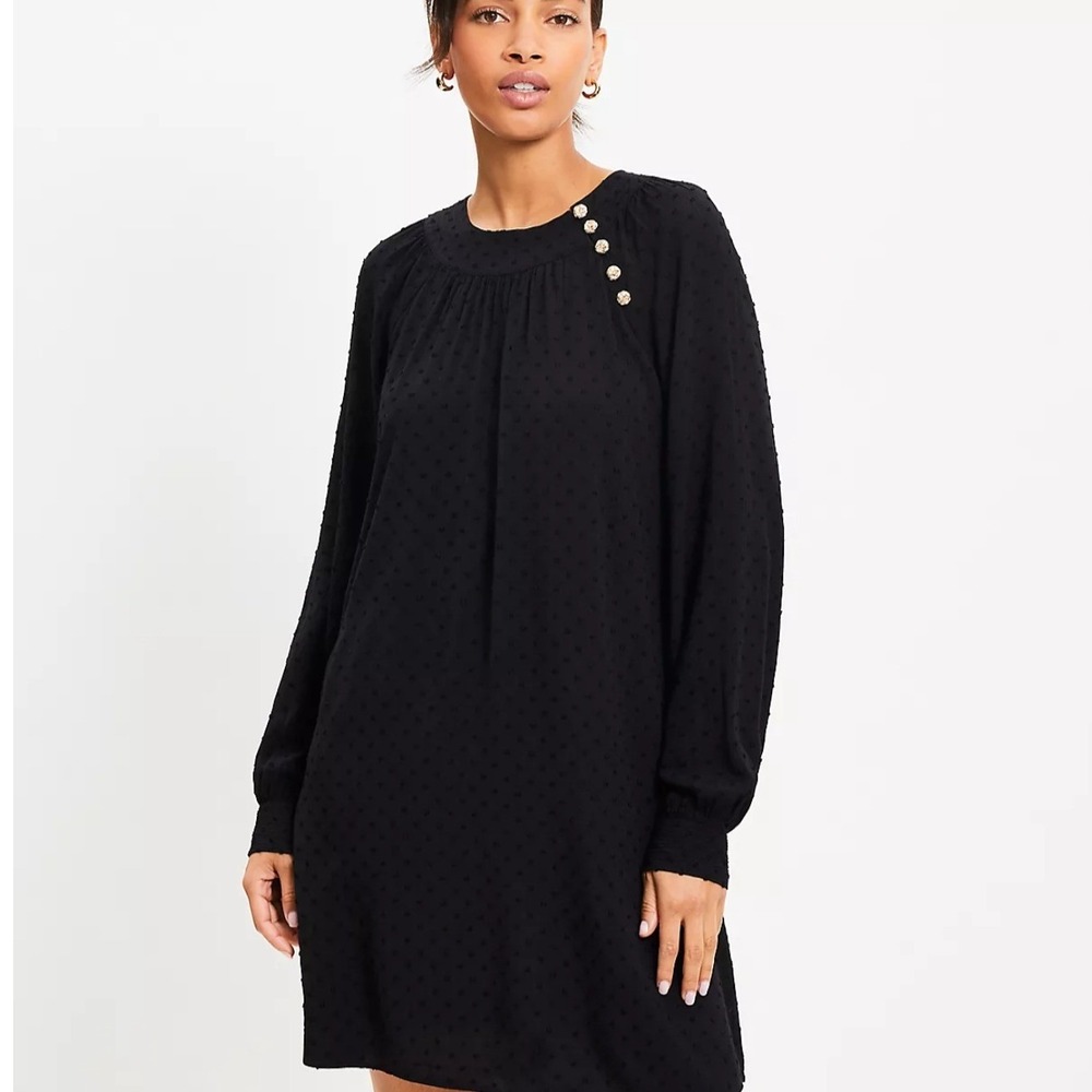 NWT LOFT Womens M Tall Midi Swing Dress Black Gold‎ Clip Button Boho Coffee Date